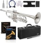 AKLOT Weighted Leadpipe Bb Trumpet: Electroplated Nickel Pistons, Brushed Matte Silver, Leather Finger Guard, Weighted and Standard Trumpet Mouthpieces, Stylish Leather Case, Lesson Book (SNR-VirtSS)