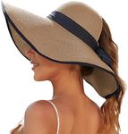 Sun Hats for Women with Ponytail Hole, Wide Brim Beach Hats for Women, Floppy Straw Hat Foldable, Packable Summer Hats Women, Khaki