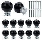 Roellgs 12 Piece 30mm Crystal Ball Glass Diamond Door Knobs with Screws, Premium Light Luxury Knobs Wardrobe Cupboard Drawer Knobs Single Hole Knobs (Black)