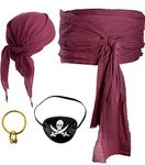 Pirate Costume Mens Women Medieval Renaissance Viking Pirate Bandana Sash Belt Eye Patch Earrings Dress Up (Wine Red 4PCS)