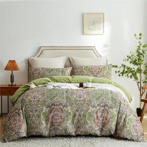 Freyamy Bohème Housse de Couette 240x260cm+2 Taie d'oreiller 65x65cm Vert Vintage Fleurie Floral Parure de lit 2 Personnes Adulte Fille Sets de Housse Couette en Microfibre avec Fermeture Éclair