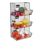 Taylor & Brown 3 Tier Metal Basket Stand - Wall Mounted Basket Vegetable Rack with Removable Chalkboards and Hooks - Hanging Wire Storage Basket Fruit Organiser for Kitchen Bathroom Garage