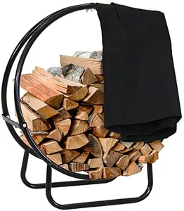 Sunnydaze 24 Inch Firewood Rack Outdoor with Cover - Indoor Firewood Holder - Round Wood Rack - Log Holder Hoop and Cover Set - Black