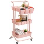 danpinera 3 Tier Rolling Utility Cart with Lockable Wheels & Hanging Cups & Hooks Storage Organization Shelves for Kitchen, Bathroom, Office, Library, Coffee Bar Trolley Service Cart, Seashell Pink