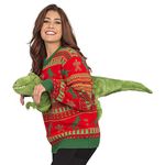 3D T-Rex Red and Green Adult Ugly Christmas Sweater, Red Sweater With Green Plush T-rex., X-Large