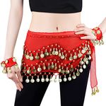 LZYMSZ Belly Dance Hip Scarfs,Girls/Women's Wave Shape Skirts Wrap with 98-Gold Coins,Chiffon Dangling Belly Dance Waist Costume Belt with Bracelets (RED)