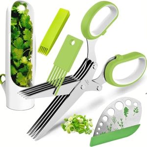 Herb scissors - Herb cutter scisoors with 5 blades and cover - 2024 Updated Sharp Multi-Blade Stainless Steel Herb cutting Shears for Kitchen; Kale and Herb Stripper with Herb Savor Pod (Bundle)