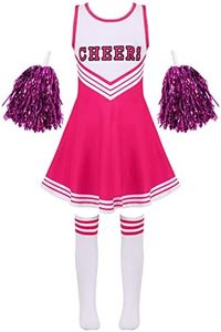 iEFiEL Kids Girls Cheer Leader Fancy Outfit Cheerleading Uniform Tank Pleated Dress with Pom Pom Knee High Sock Hot Pink 9-10 Years