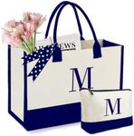 BeeGreen Canvas Tote Bags for Women, Personalized Gifts Bag for Mom Friends Birthday Wedding Bridesmaid, Navy Blue and White, Large, Navy Letter M