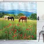 Ambesonne Animal Decor Shower Curtain Set, Various Kinds of Horses Eating Grass in The Field with Mountain Landscape Rural Scene Print, Bathroom Accessories, 84 inches Extralong, Multi