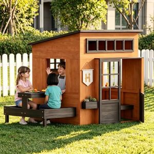 Aoxun Outdoor Playhouse for Kids,Wooden Playhouse Cottage for Backyard Fun with Pretend Kitchen, Chalkboard, Flower Box, Durable Fir Wood Build for Kids Ages 3-8 Outdoor Imaginative Play