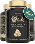 Digestive Enzyme Supplements with Betaine HCL - 7 Digestive Enzymes for Gut Health & Support with Lactase, Bromelain, Lipase & Peppermint Oil - 30 Capsules - Gentle & Fast Acting Tablets - UK Made