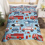 Feelyou Cartoon Police Car Bedding Set Red Fire Truck Duvet Cover for Kids Boys Toddler Fire Extinguisher Comforter Cover Airplane Bed Set 1 Duvet Cover with 2 Pillowcases Full Size (No Comforter)