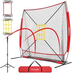 VIVOHOME Baseball Net, 7 x 7 ft Baseball Softball Hitting Net with Large Ball Collection System, Baseball Net for Batting and Pitching with 2 Strike Zone, Batting Tee, Carry Bag, Red