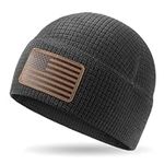 OUTDOOR SHAPING Grid Fleece Beanie with Leather American Flag Patch Waffle Tactical Army Military Skull Cap Black, Black, One size