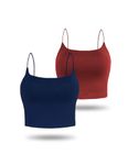 Amilia Women's Basic Solid Cami Spaghetti Double Layer Crop Tank Top (Burgundy&Navy, Small)