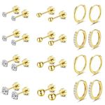 BESTEEL Surgical Steel Flat Back Earrings for Sensitive Ears | Silver Gold Small Stainless Steel Earrings for Women Men Tiny CZ Ball Flatback Earrings Cartilage Hoop Stud Earrings Set for Multiple Piercing 20G(Gold tone)