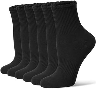 CS CELERSPORT Mini Crew Ankle Socks for Women With Scalloped Top Design Casual Cotton Socks 6 Pairs,Black,Small
