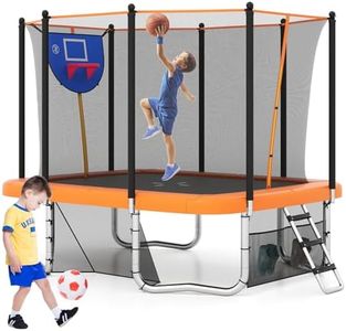 COSTWAY Outdoor Trampoline, 10FT x 8FT Rectangle Trampoline with Basketball Hoop, Soccer Goal, Storage Bag, Safety Enclosure Net and Ladder, Recreational Trampolines for Toddlers & Adults (Orange)