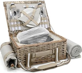 19Pcs Insulated Wicker Picnic Basket for 2 with Picnic Blanket Wine Bag, Picnic Set with Cooler and Full Tableware for Camping,Outdoor,Couples,Gift, Distressed Treatment, Polka Dots