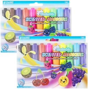 BAZIC Products Washable Fruit Scented Markers Broad Line 10 Color, Chisel Tip Broad Fine Line, Non Toxic Marcadorc Art School Supplies (10/Pack), 2-Packs
