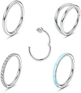 Diamday 5 Piezas Anillos de la Nariz Fake para Mujeres CZ Septo Clicker Anillos Hélix Cartílago Pendientes de Aro Daith Labio Trago Piercing Pendientes para Dormir 18G 8MM