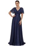 Ever-Pretty Women's Wedding Bridesmaid Dresses Deep V-Neck High Waist Short Sleeves Navy Blue 20