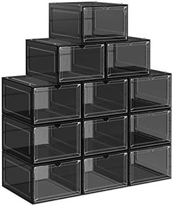 SONGMICS Boîtes à Chaussures, Lot de 12, Organisateurs avec Porte, Rangement de Chaussure en Plastique, empilable, Assemblage Facile, 27 x 34,5 x 19 cm, Jusqu à la Pointure 46, Noir LSP032B12V1