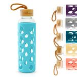 The Better Home Borosilicate Glass Water Bottle With Sleeve 550Ml | Non Slip Silicon Sleeve & Bamboo Lid | Water Bottles For Fridge (Pack Of 1), Light Blue