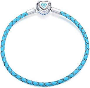 FOREVER QUEEN Genuine Blue Braided Leather Bracelet with 925 Sterling Silver Snap Clasp Charms CZ for Women Teen Fits European Beads Charm, 8 3 inch, Sterling Silver Leather