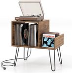 COSTWAY Record Player Stand with Charging Station, Turntable Stand End Side Table with Dividers and Shelf for 145 Albums, Metal Legs Vinyl Record Storage Cabinet Holder for Living Room (Rustic Brown)