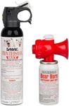 SABRE Frontiersman MAX 9.2 oz. Bear & Mountain Lion Attack Deterrent, Up to 40 ft Range, Contains 2% Major Capsaicinoids + Frontiersman Bear Horn (FBH-LT-AMZ) Kit, Glow-in-The-Dark Safety