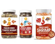 BOLTZ Freeze Dried Shrimp 50gm, Blood Worm 25gm & Tubifex 50gm, Treats Fish Food, Natural Food for Freshwater and Marine Fish for All Life Stages (125gm,Combo Pack of 3)