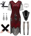 WILDPARTY 1920s Flapper Dress Sequin Beaded Dresses V Neck Lace Fringe Vintage Dress Roaring Made in China BlackRed