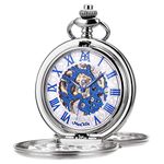 ManChDa Mechanical Roman Numerals Dial Skeleton Pocket Watches with Box and Chains for Mens Women, 8.Silver Blue, Small, 7a. Silver