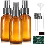 3 Pack Glass Spray Bottles, 4 oz Small Clear Spray Bottle for Hair Empty Refillable Sprayer Container with Black Top, Labels, Funnel, Lids, Pipettes Travel Pocket Size