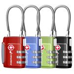 Fosmon TSA Accepted Cable Luggage Locks, 3 Digit Combination with Open Alert Indicator, Alloy Body and Release Button for Travel Bag, Suit Case & Luggage (4 Pack) - Black, Green, Red and Blue