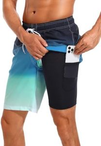 difficort Mens Swimming Trunks with Compression Liner Quick Dry Board Shorts Swimsuit with Zipper Pockets,Gradient Cyan Stripe,Small