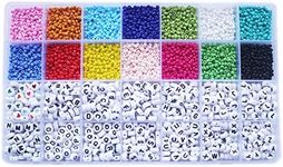 Haobase Craft Beads Kit, 4300pcs 3mm Glass Seed Beads and 700pcs Letter Beads for Friendship Bracelets Jewelry Making Necklaces and Key Chains with 2 Rolls of Crystal Line