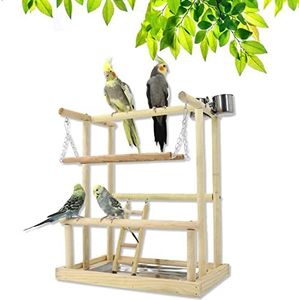 RoseFlower Parrots Bird Playground Wooden Play Stand Birdcage Playstand with 2 Stainless Steel Feeder Cup Tray Swing Perch Play Gym Playpen Ladder Bird Toys, Bird Table Stand for Parakeet Birds45*40cm