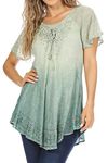 Sakkas 19215 - Donna Women's Casual Lace Short Sleeve Tie Dye Corset Loose Top Blouse - 19200-Green - OSP