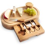 VonShef Bamboo Cheese Board, Oval Serving Tray with Stainless Steel Knife Set, Easy Clean Charcuterie Serving Board with Knife Drawer & Gift Box