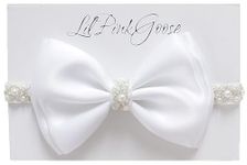 LilPinkGoose 0-12 Newborn Baby Baptism Pearl Headband with Bow in WHITE Christening Headband with Satin Bow, Pearl Rhinestone Band (White(1 Year&up), 1 Year&up)