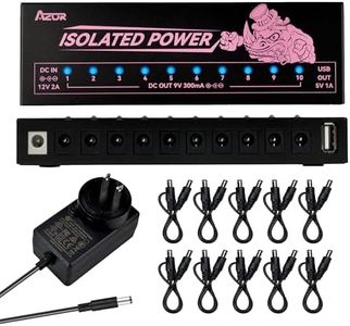 AZOR Guitar Pedal Power Supply 10 Isolated DC Output for 9V (300mA) Effect Pedal Board, with 5V/1A USB Port