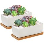 Jucoan 2 Pack 6.5 Inches Rectangle White Ceramic Succulent Planter Pot, Modern Minimalist Porcelain Flower Cactus Pot, Plant Window Boxes with BambooTray and Drainge Hole for Home Office Decor