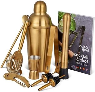 Oak & Steel - 10 Pièces Ensemble-Cadeau Shaker à Cocktail Professionnel en Acier Inoxydable, Doré - Kit Barman Complet avec Livre de Recettes Cocktail & Shot