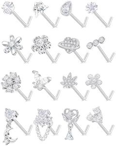 Tornito 16Pcs Nose Rings L Shaped Nose Stud Stainless Steel Butterfly Flower Leaf Heart Moon Dangle Nose Stud Ring Body Piercing Jewelry for Women Men 20G Clear CZ