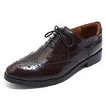 Mona flying Women's Leather Perforated Lace-up Oxfords Derby Wingtip Brogue Shoes for Women,Wine Red,7 UK