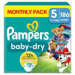 Pampers Baby-Dry Paw Patrol Edition Size 5, 186 Nappies, 11kg - 16kg, Monthly Pack, with A Stop & Protect Pocket to Help Prevent Leaks at The Back