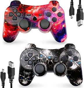 CHENGDAO Controller for PS3 2 Pack Wireless Controller for Playstaion 3 6-Axis with High-Performance Double Shock, Motion Control, USB Charging Cable (Skull + Galaxy)